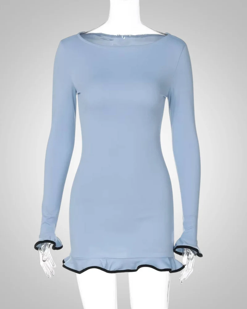 Damen Sommer Langarm Bodycon Minikleid mit Rüschen