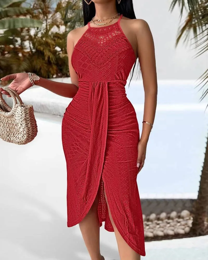 Damen Sommer Neckholder Wickel Maxikleid