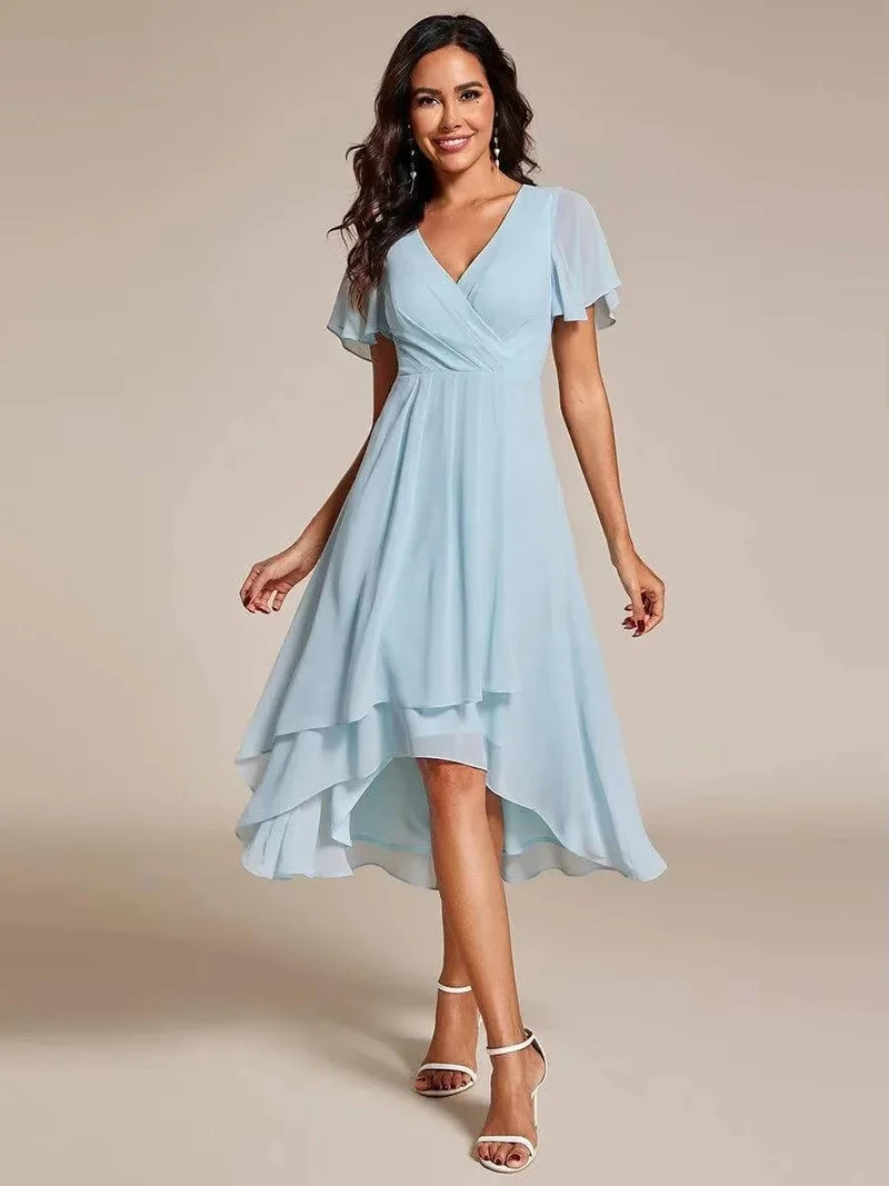 Damen Sommer Asymmetrisch Hochzeitsgast Midikleid