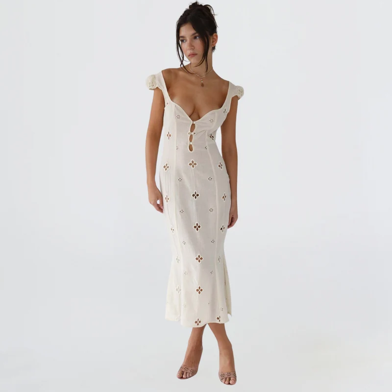Damen Sommer Cut-Out Hochzeitsgast Midikleid