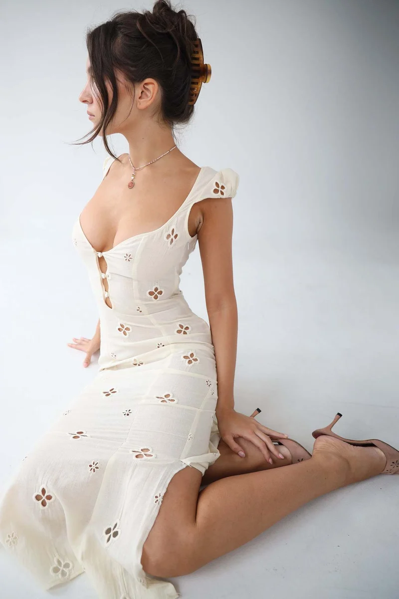 Damen Sommer Cut-Out Hochzeitsgast Midikleid