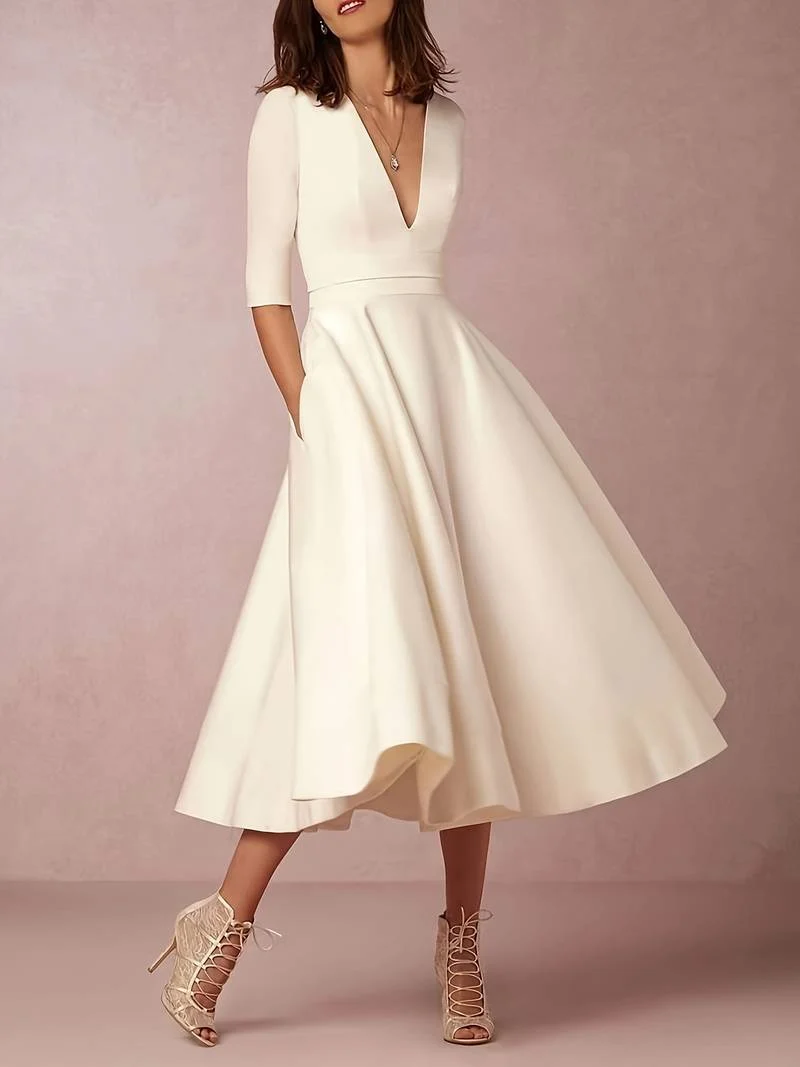 Damen Elegante V-Ausschnitt Hochzeitsgast Midikleid