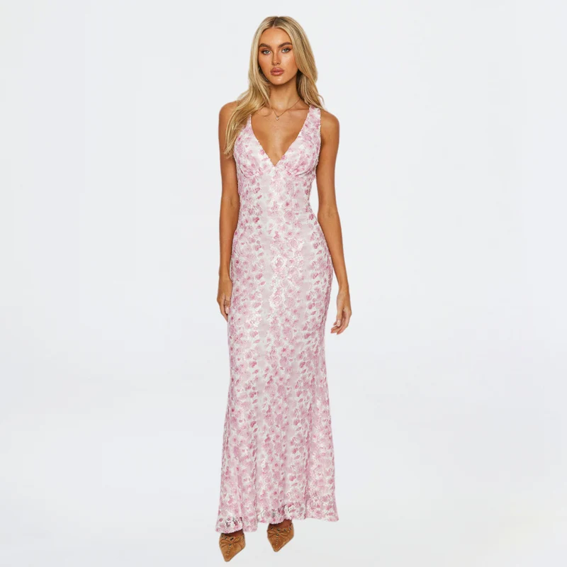Damen Sommer V-Ausschnitt Hochzeitsgast Maxikleid