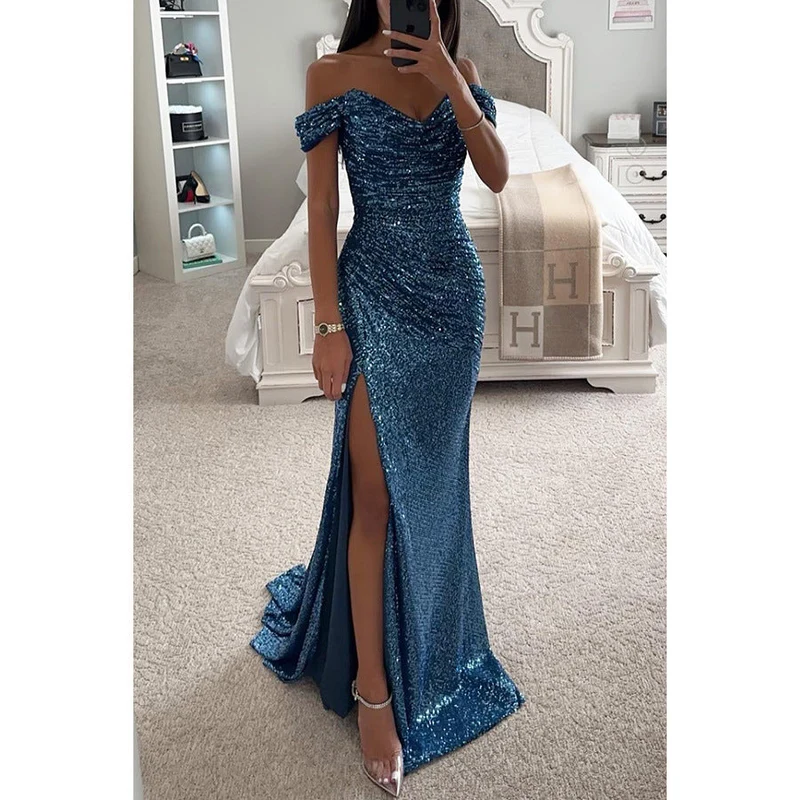 Damen Schulterfrei Hochzeitsgast Maxikleid