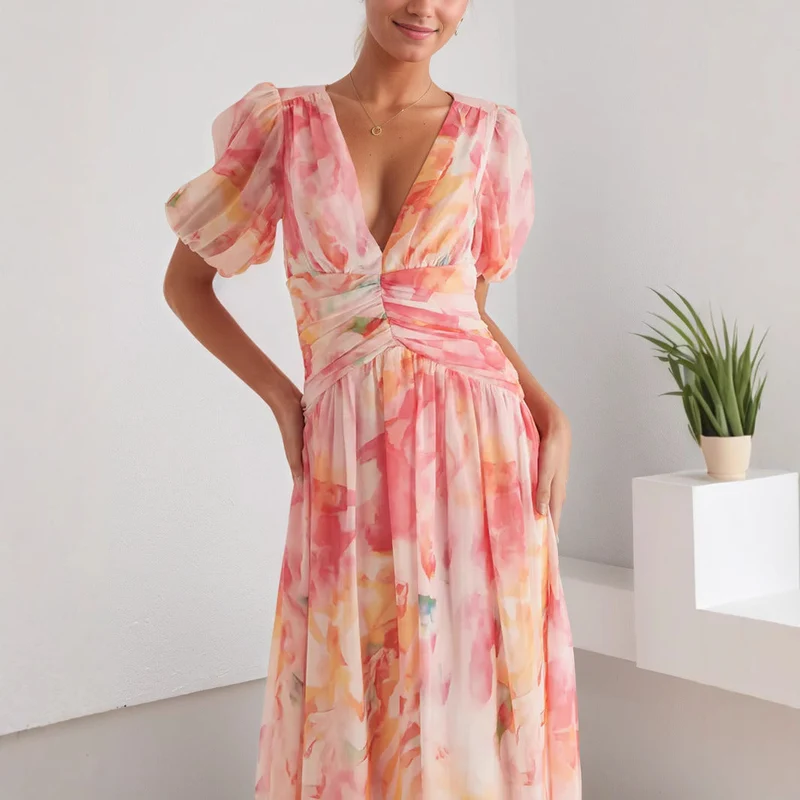 Damen Hochzeitsgast Wickel Maxikleid mit Puffärmeln