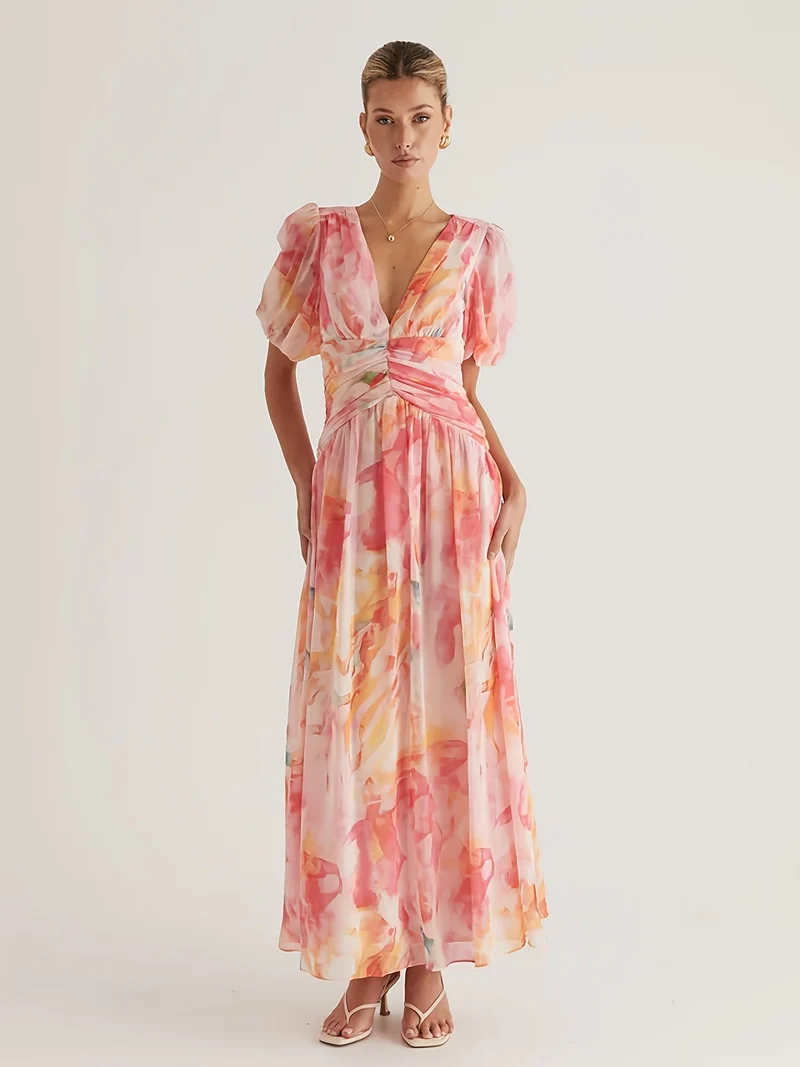 Damen Hochzeitsgast Wickel Maxikleid mit Puffärmeln