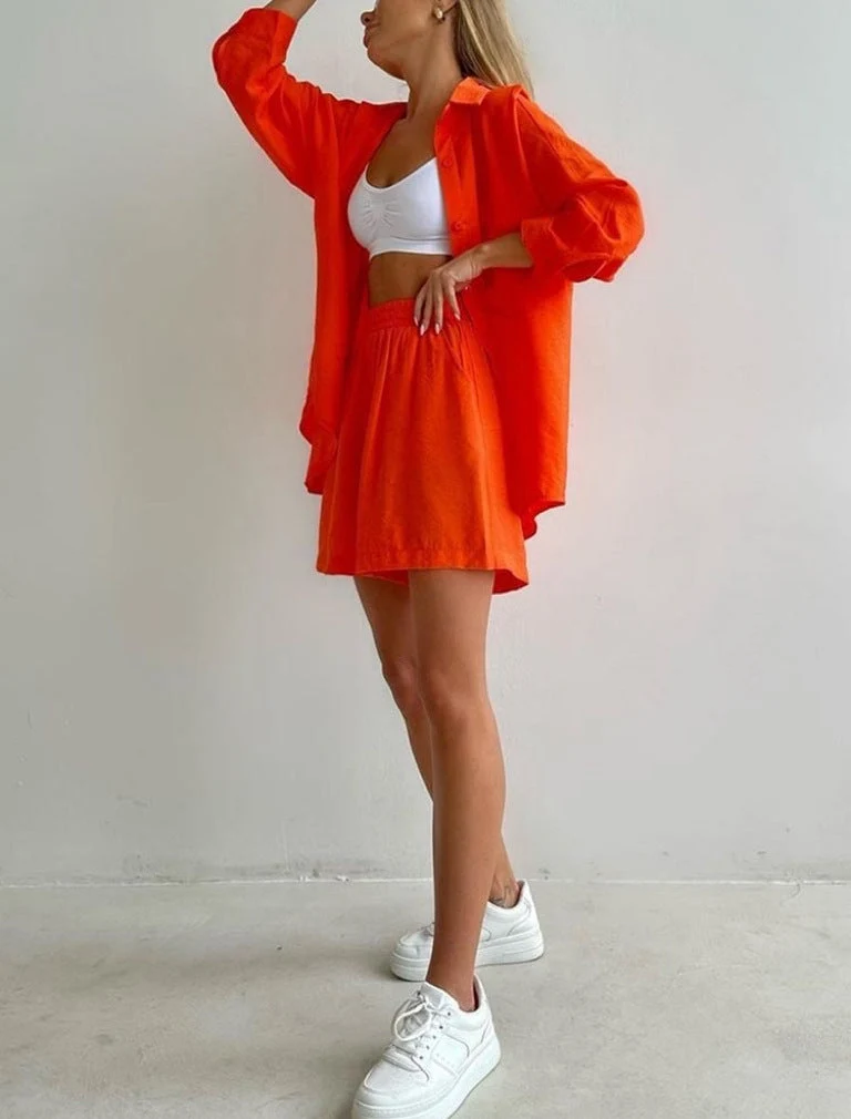 Damen Sommer Knopfleiste Zweiteiler Linen Set