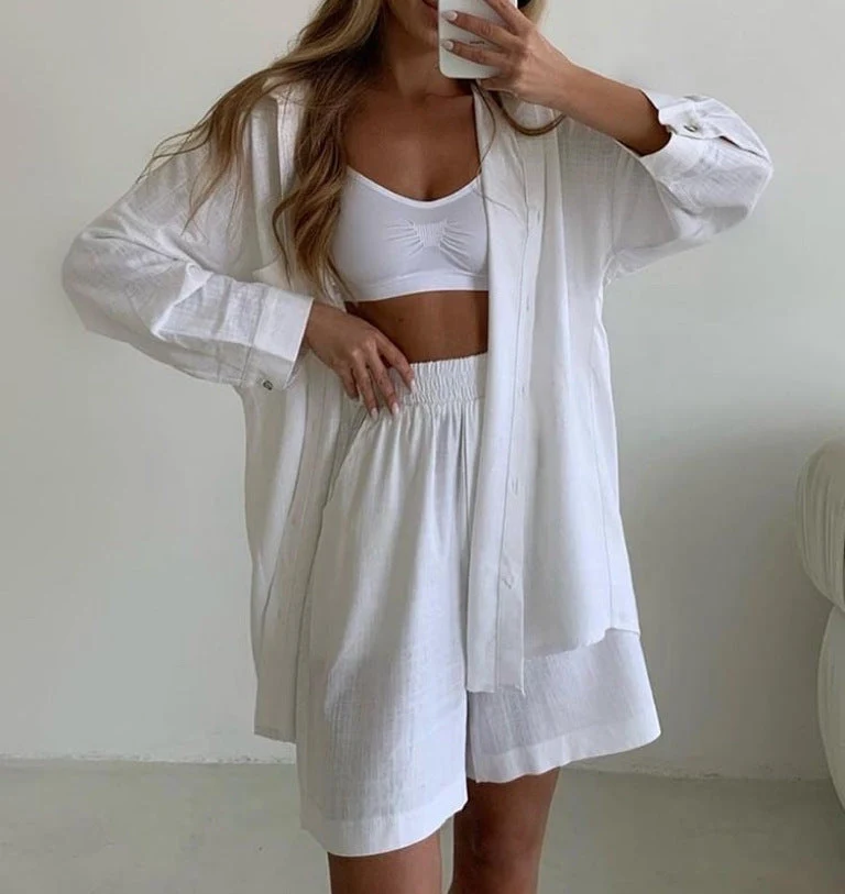Damen Sommer Knopfleiste Zweiteiler Linen Set