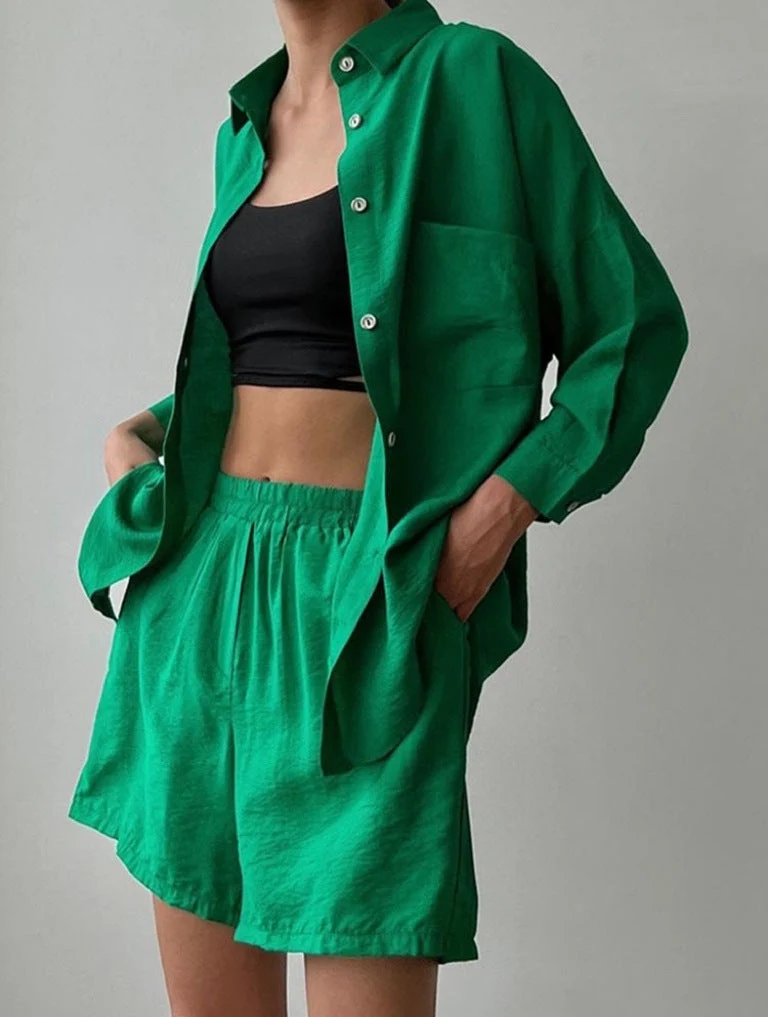 Damen Sommer Knopfleiste Zweiteiler Linen Set