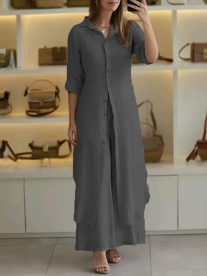 Damen Lässig Knopfleiste Lagenlook Blusenkleid Set