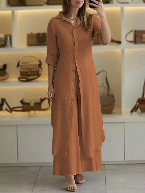 Damen Lässig Knopfleiste Lagenlook Blusenkleid Set