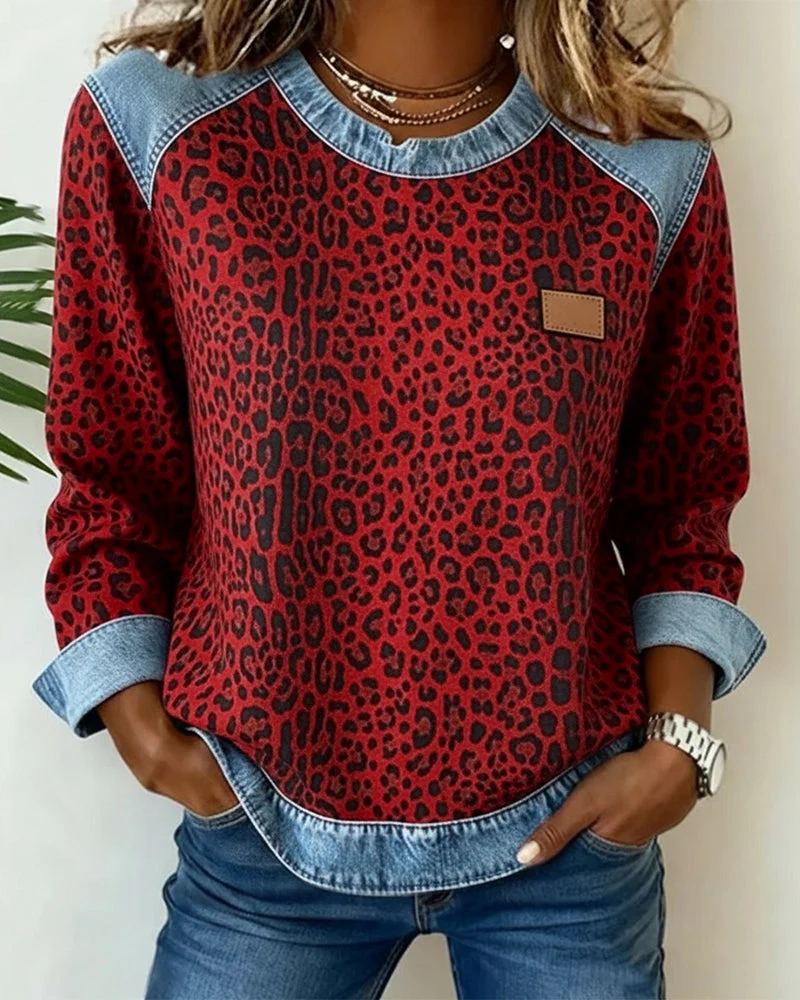 Damen Lässig Leopardenmuster Rundhals Pullover