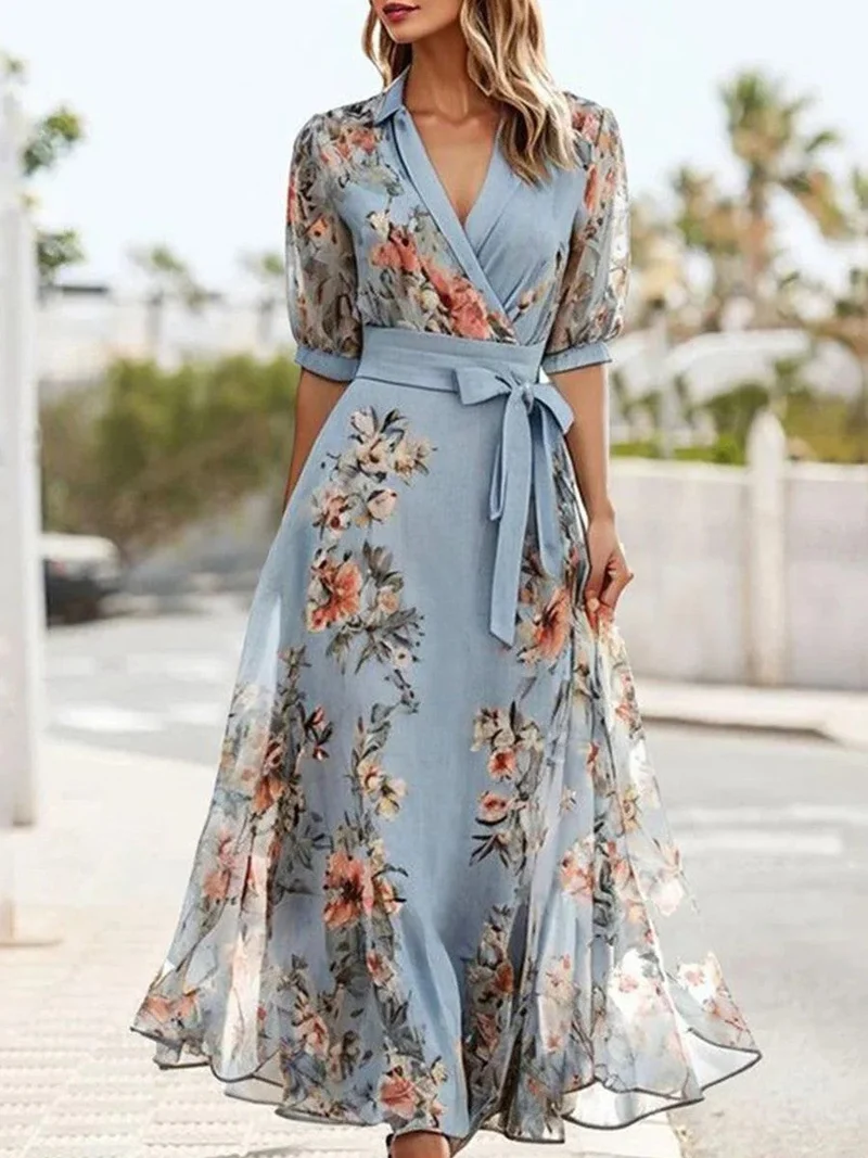 Damen Lässig Blumig Bindegürtel Maxikleid