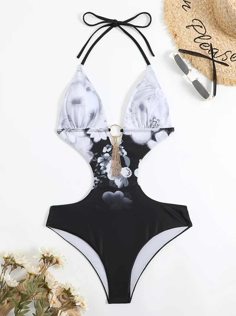 Damen Sommer Halter Cut-Out Monokini Badeanzug