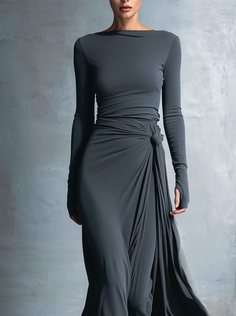 Damen Lässig Langarm Drapiertes Maxikleid