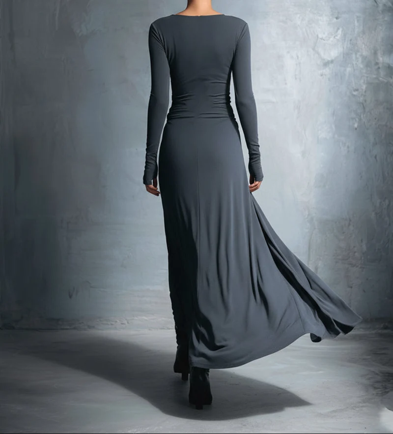Damen Lässig Langarm Drapiertes Maxikleid