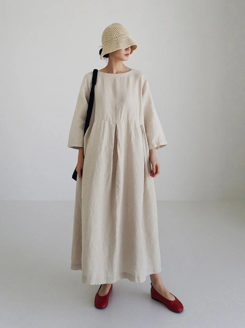 Damen Sommer Langarm Leinen Maxikleid