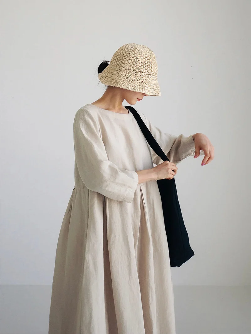 Damen Sommer Langarm Leinen Maxikleid