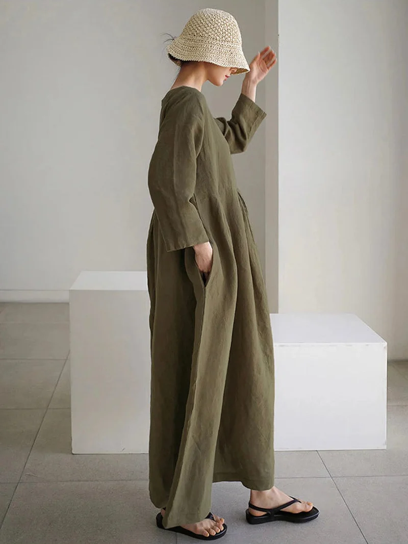 Damen Sommer Langarm Leinen Maxikleid