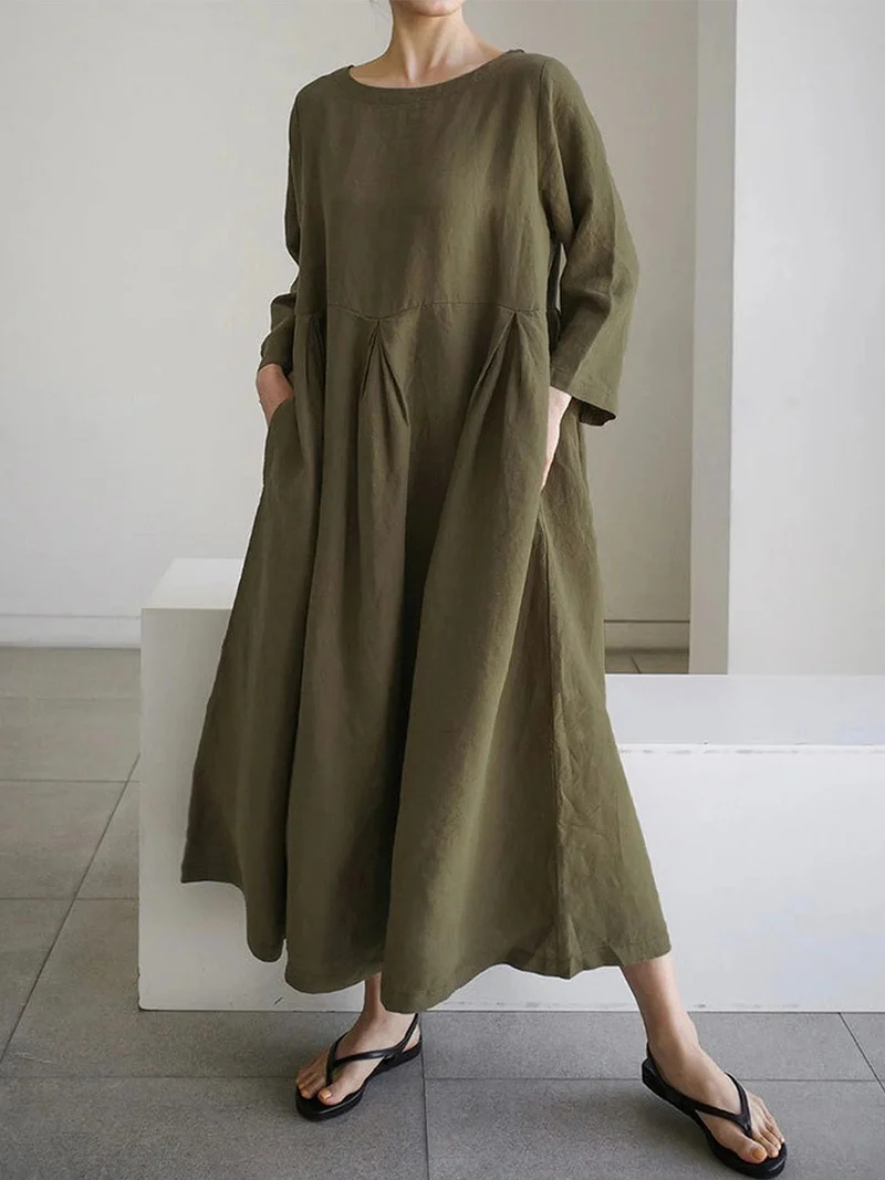 Damen Sommer Langarm Leinen Maxikleid
