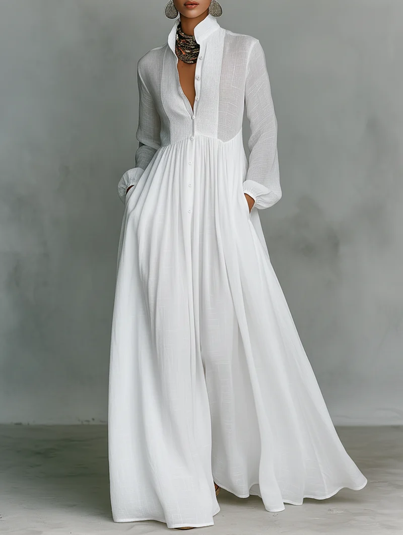 Damen Sommer Knopfleiste Leinen Maxikleid