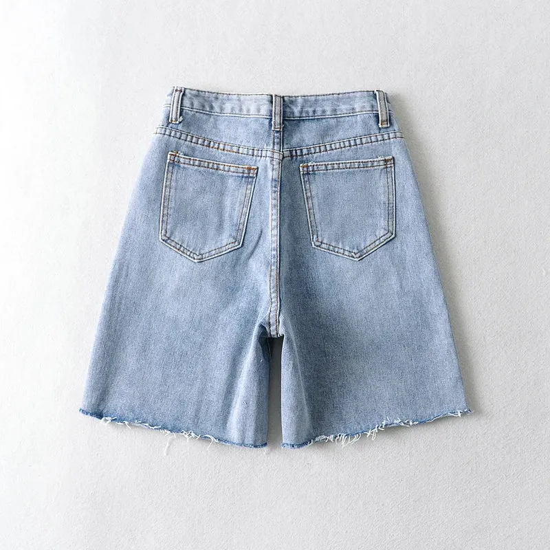 Damen Lässig Hohe Taille Rohsaum Jeans Shorts