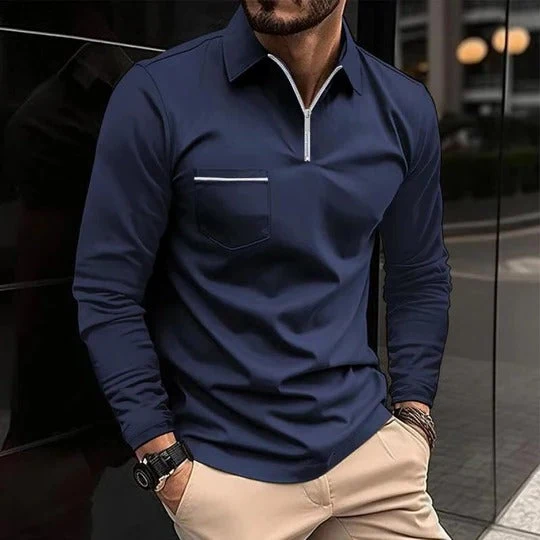 Herren Lässig Reißverschluss Langarm Poloshirt