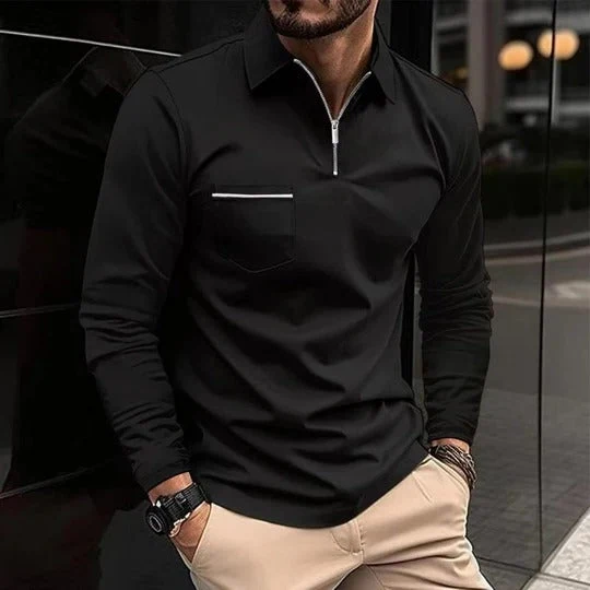 Herren Lässig Reißverschluss Langarm Poloshirt