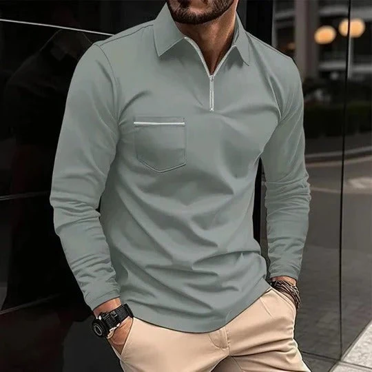 Herren Lässig Reißverschluss Langarm Poloshirt