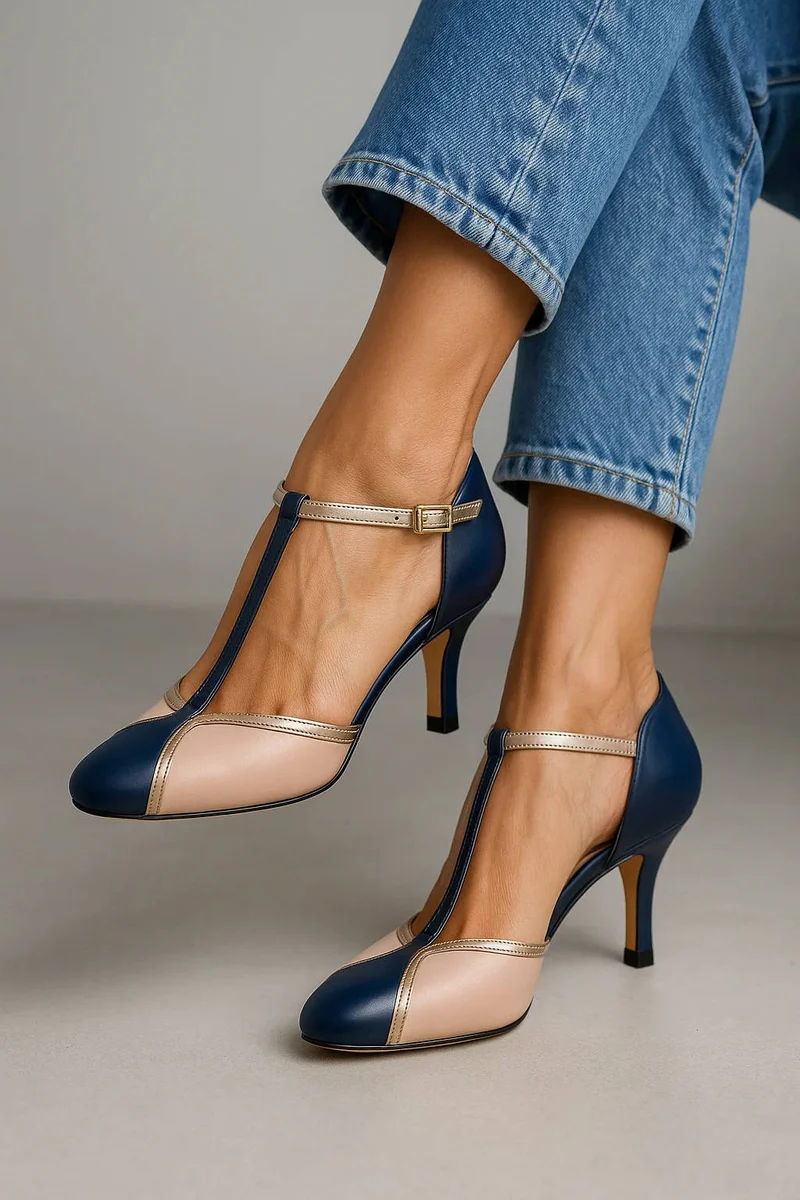 Damen Sommer Absatz Vintage Pumps mit T-Riemchen
