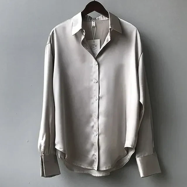 Damen Kragen Knopfleiste Satin Bluse