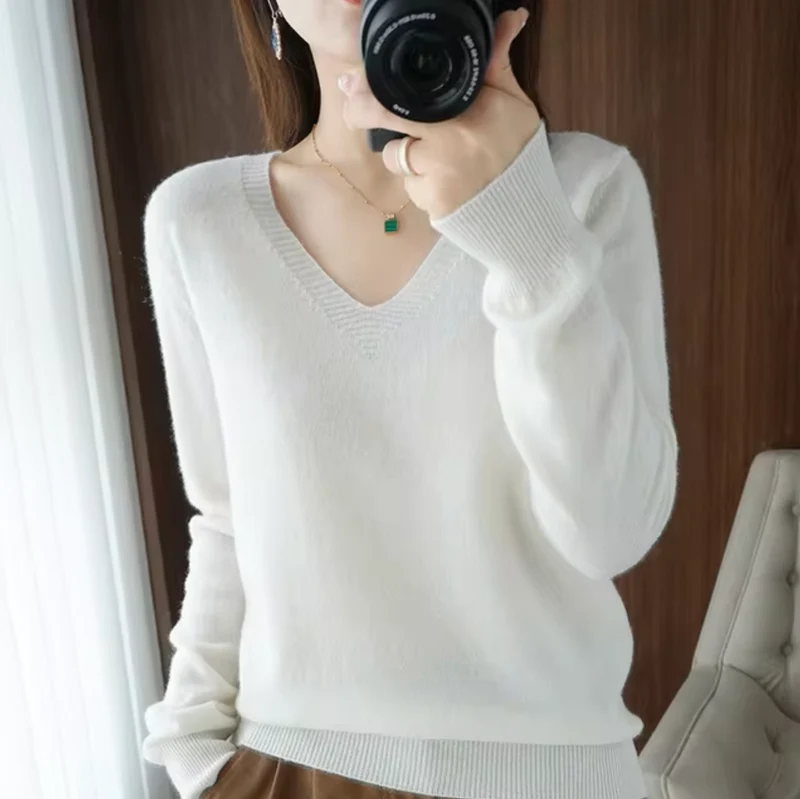 Damen V Ausschnitt Rippbündchen Strickpullover