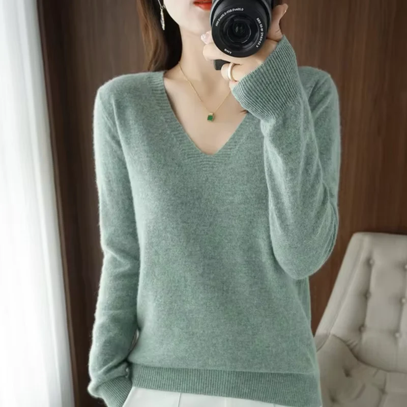 Damen V Ausschnitt Rippbündchen Strickpullover