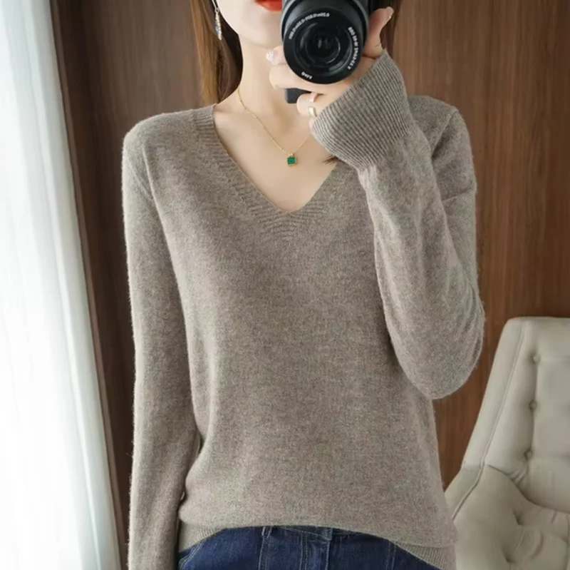 Damen V Ausschnitt Rippbündchen Strickpullover