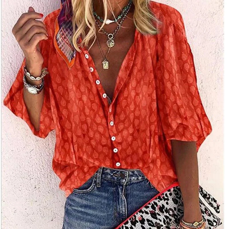 Damen V Ausschnitt Muster Knopfleiste Bluse