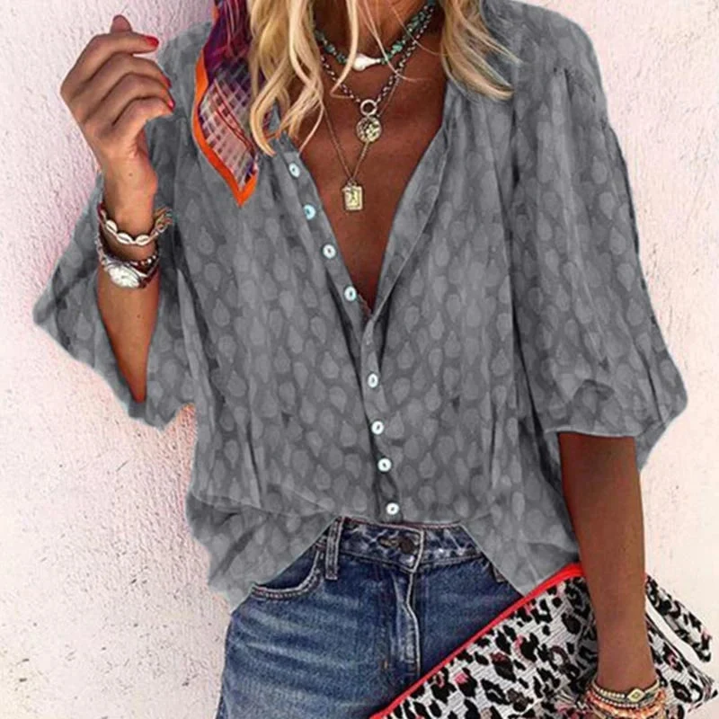 Damen V Ausschnitt Muster Knopfleiste Bluse