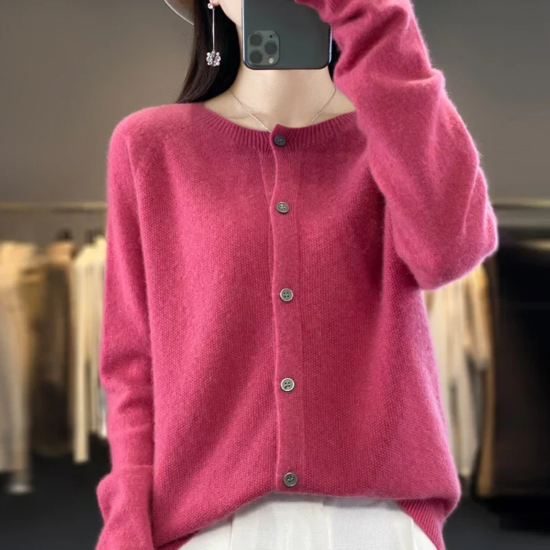 Damen Rundhals Knopfleiste Strick Cardigan