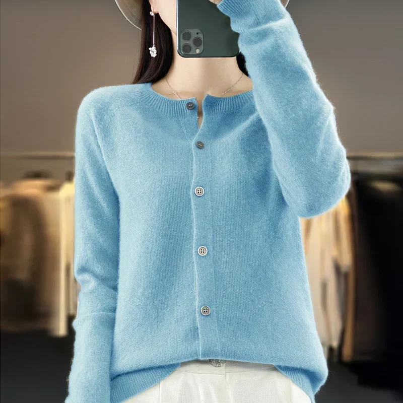 Damen Rundhals Knopfleiste Strick Cardigan
