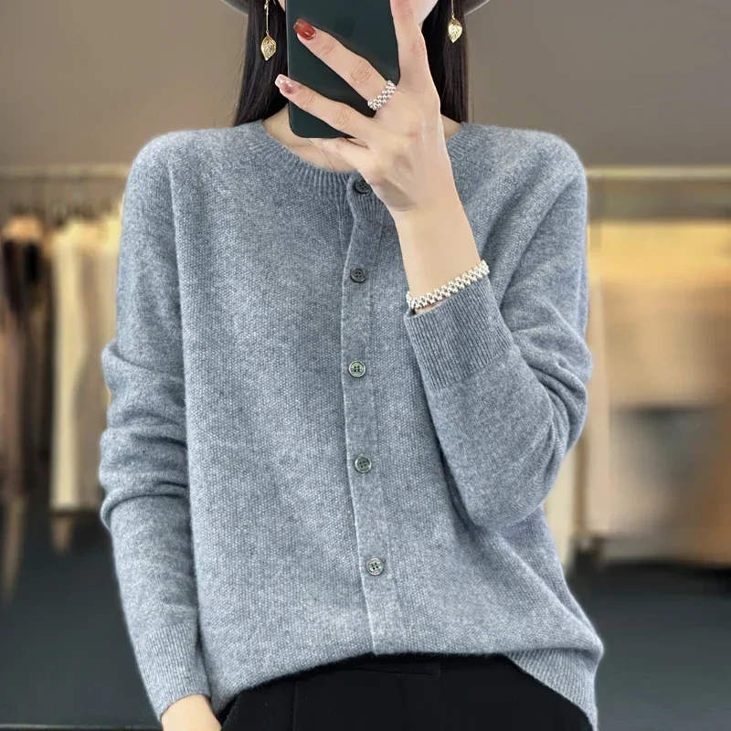 Damen Rundhals Knopfleiste Strick Cardigan