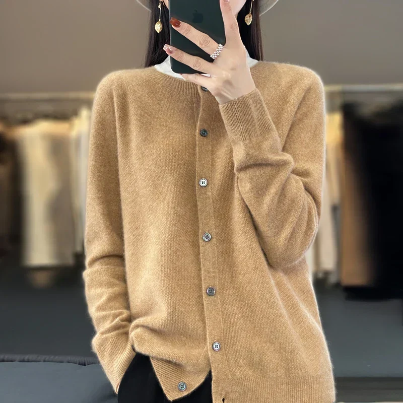 Damen Rundhals Knopfleiste Strick Cardigan