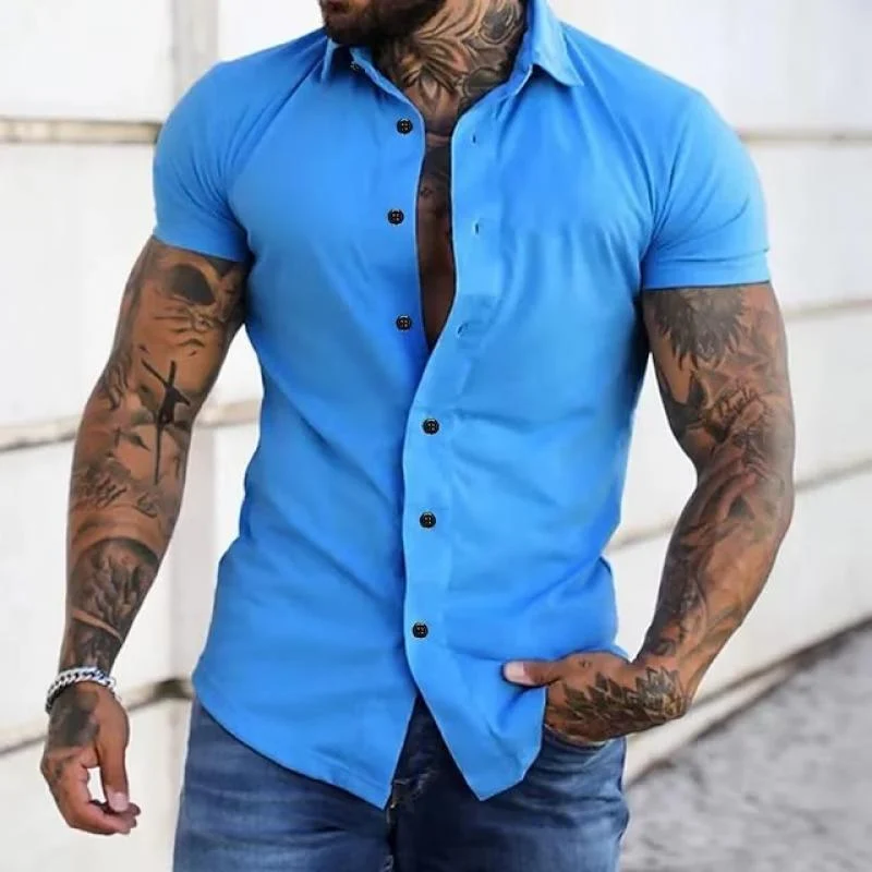 Herren Sommer Stehkragen Slim Fit Hemd