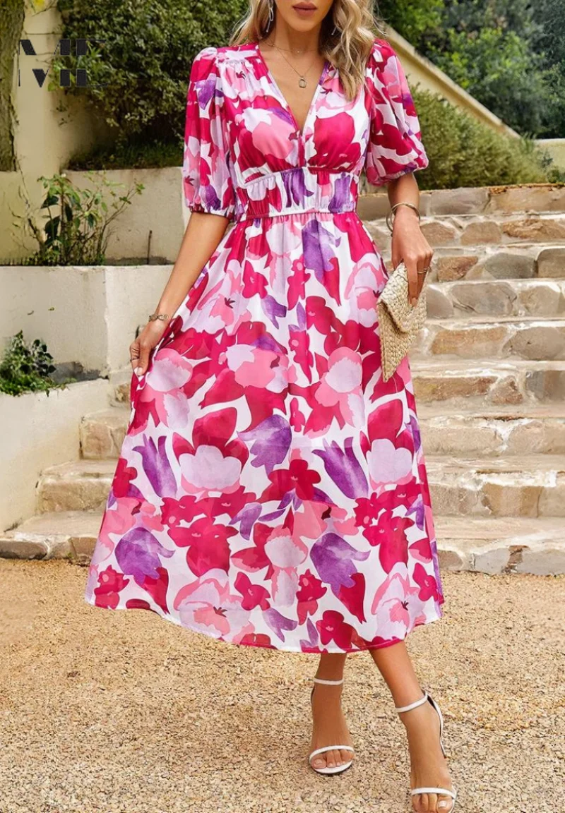 Damen Elegantes Blumenmuster Midikleid
