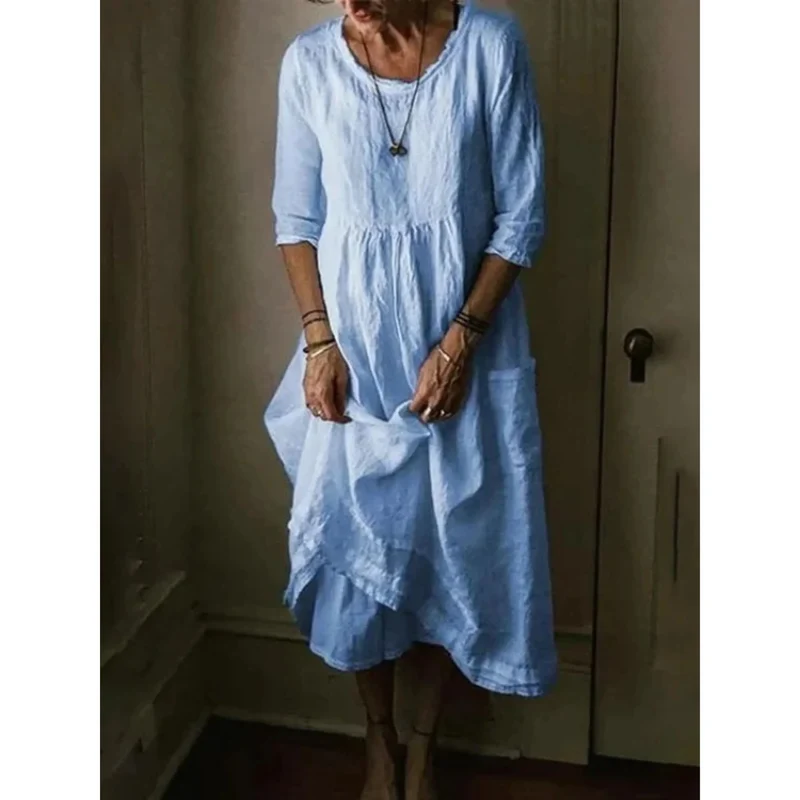 Damen Sommer Mehrlagig Leinen Midikleid