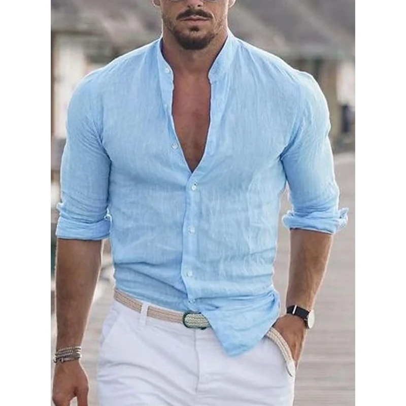Herren Stehkragen Slim Fit Sommer Hemd