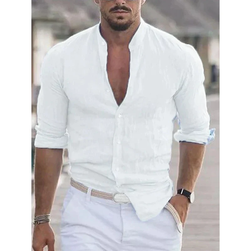 Herren Stehkragen Slim Fit Sommer Hemd