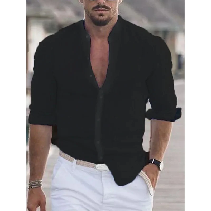 Herren Stehkragen Slim Fit Sommer Hemd