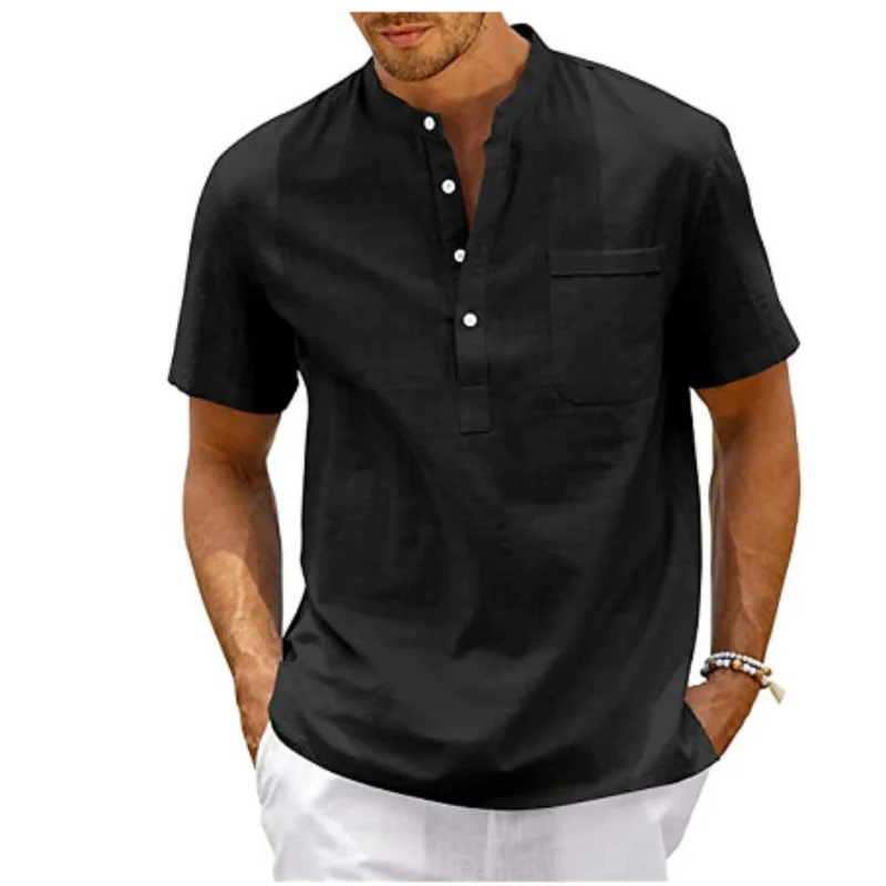 Herren Brusttasche Henley Sommer Kurzarm Hemd