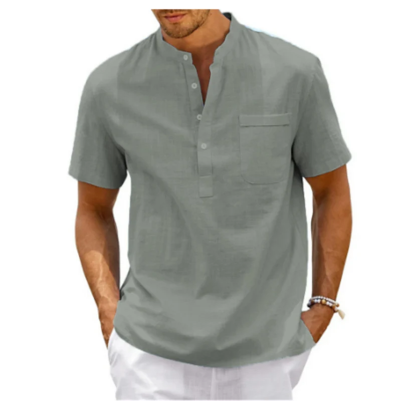 Herren Brusttasche Henley Sommer Kurzarm Hemd