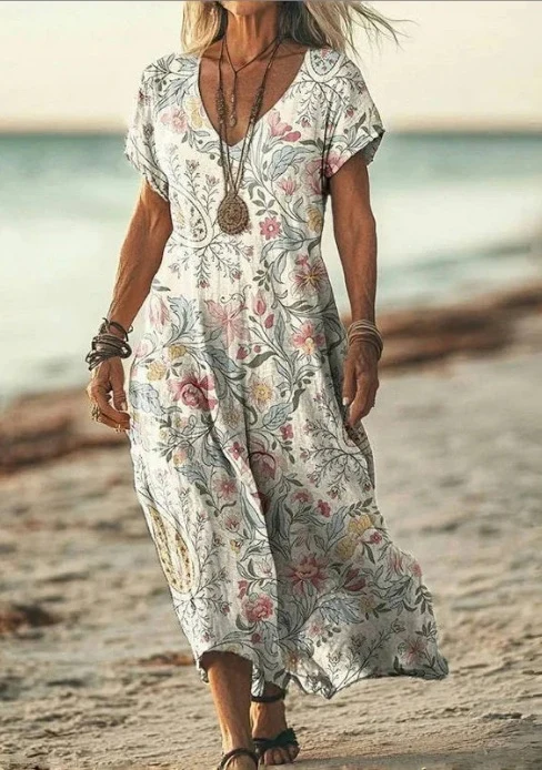 Damen Sommer Blumenmuster V-Ausschnitt Midikleid