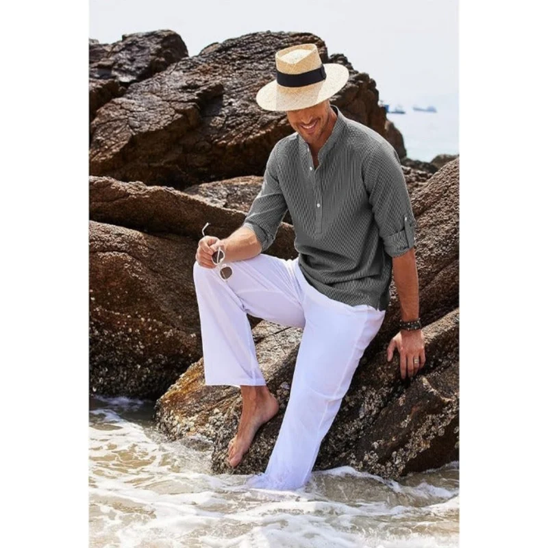 Herren Stehkragen Slim Fit Sommerhemd